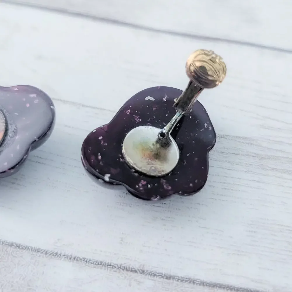 Vintage Clip On Earrings Retro Large Dark Purple Statement - Just Over 1 & 1/8